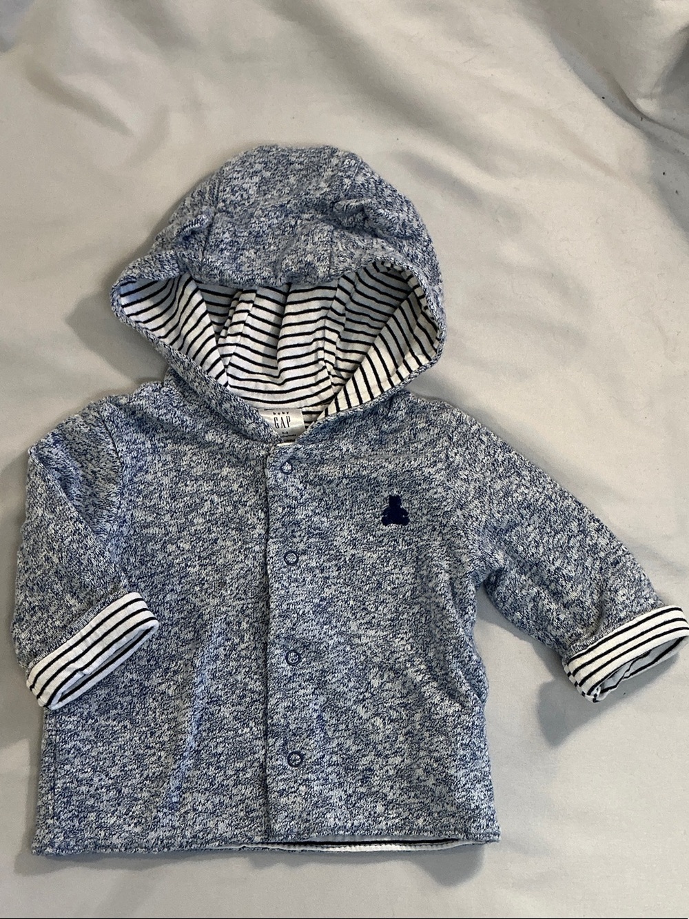 GAP Blue Heathered Baby Jacket with Striped Hood Lining